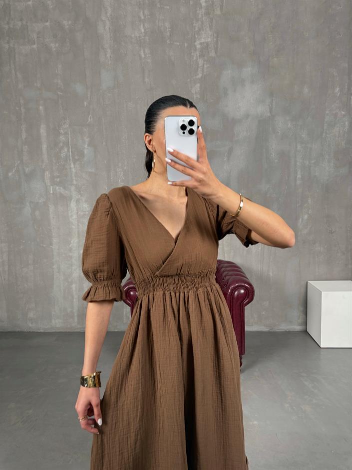Kahve V Yaka Beli Lastikli Büzgülü Müslin Pinterest Elbise Gaus00022