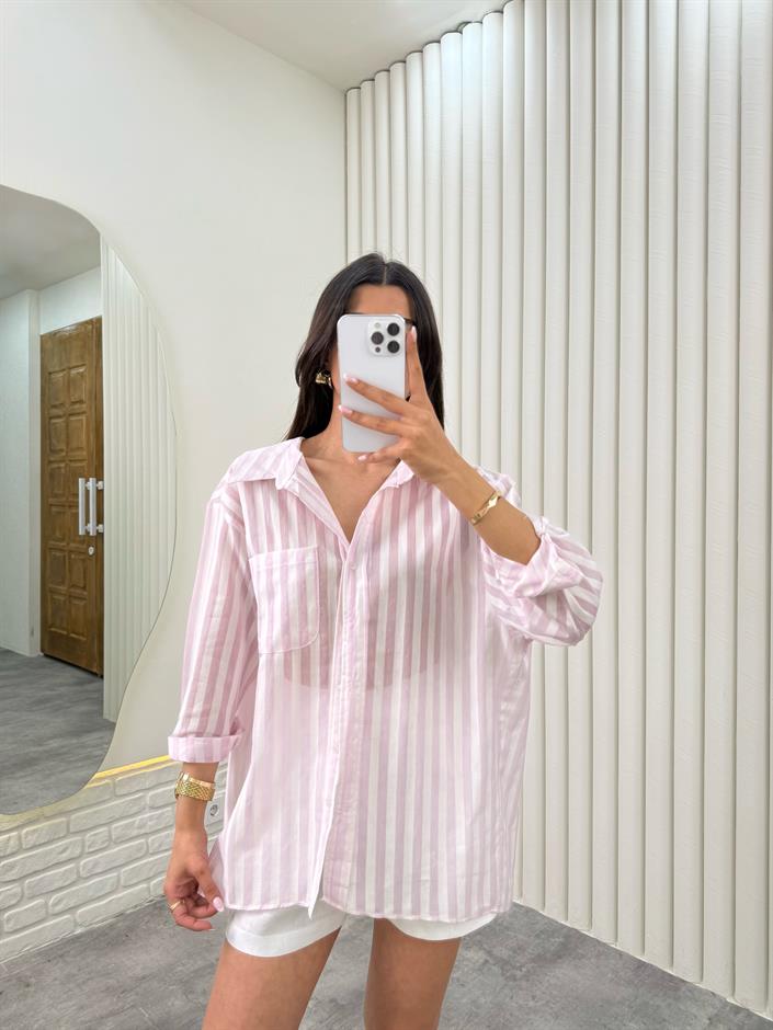 Pembe Çizgili Pamuk Karışımlı Kumaş Gömlek Gaus00324