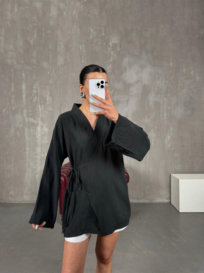 Siyah Önden Bağlamalı Tensel Kimono Gaus00240
