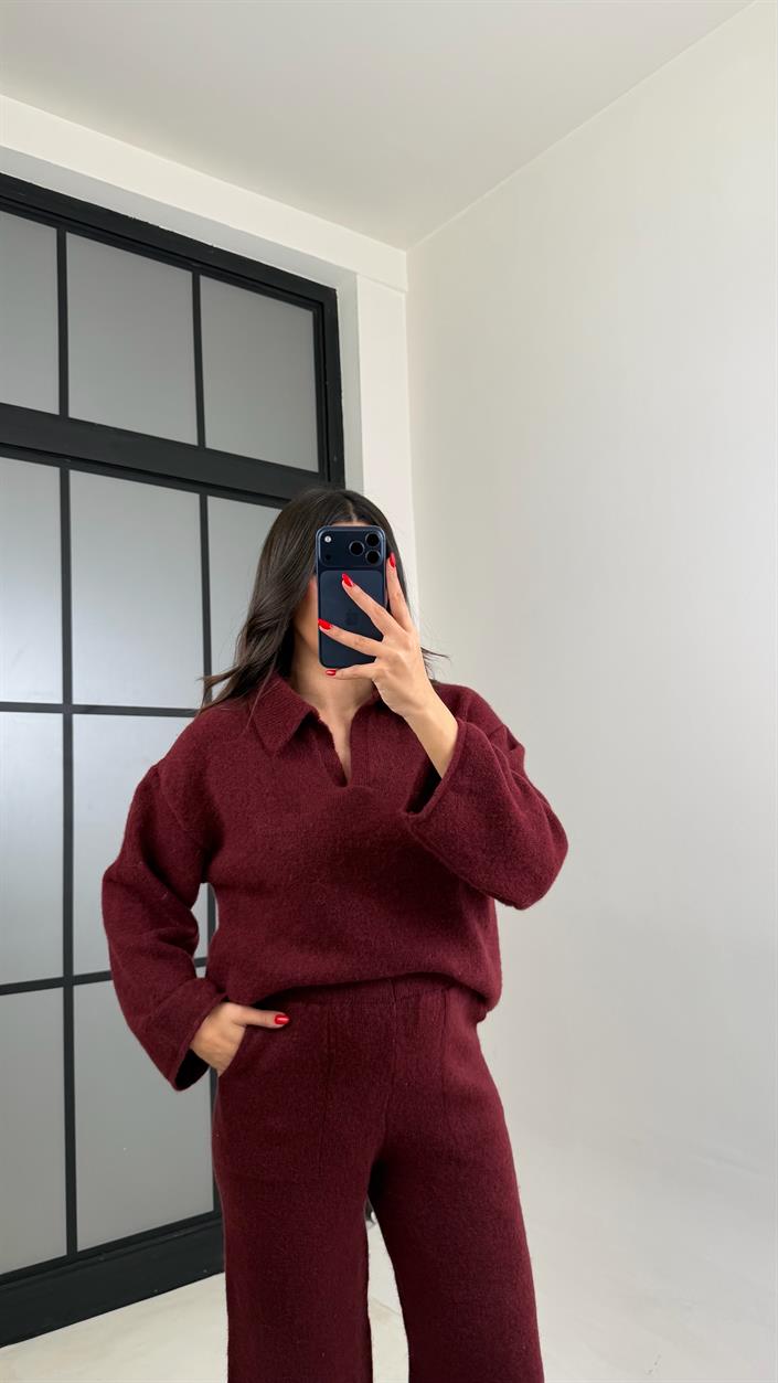 Bordo Polo Yaka Kazak Beli Lastikli Pantolon Triko Takım GAUS-00874