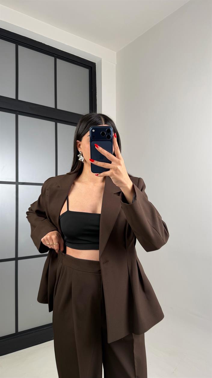 Kahve Vatkalı Astarlı Ceket Beli Lastikli Pantolon Premium Takım GAUS-00982