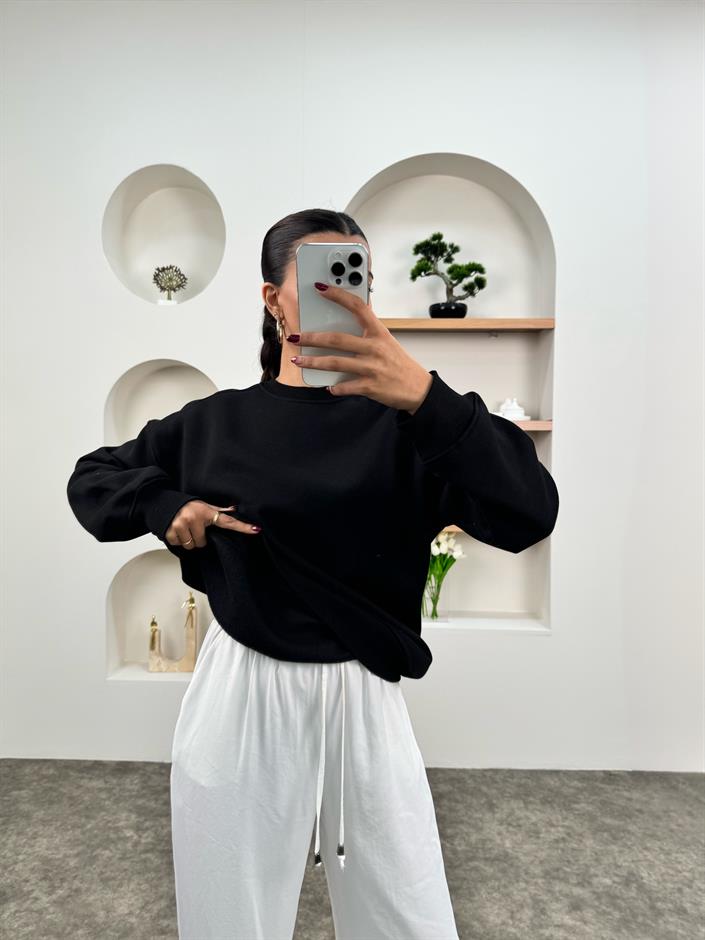 Meksa Siyah Bisiklet Yaka Şardonlu Sweatshirt