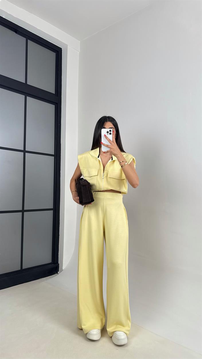 Sarı Cepli Yelek Beli Lastikli Pantolon Modal Eşofman Takım Gaus00523