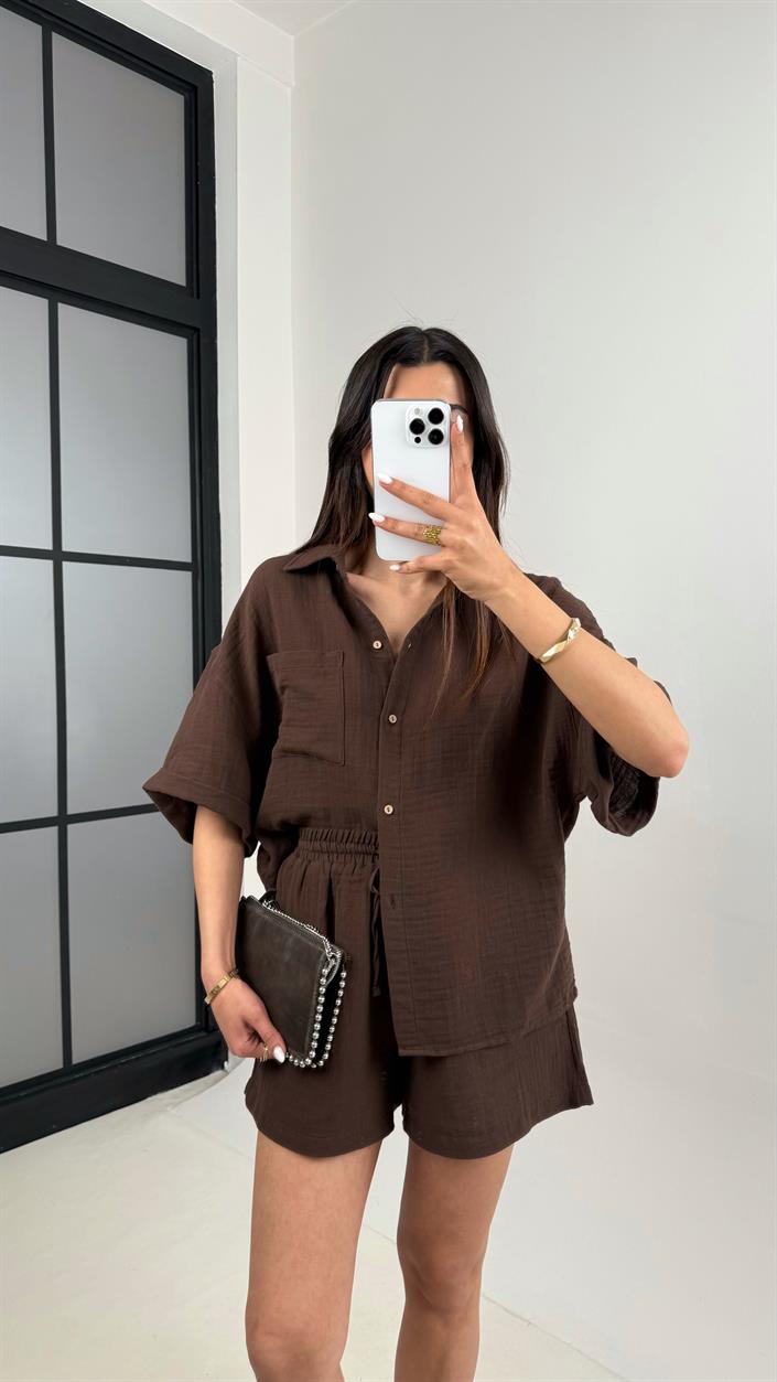 Acı Kahve Cepli Gömlek Beli Lastikli Şort Müslin Takım Gaus00445