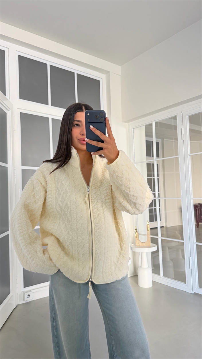 Krem Fermuarlı Polar Sweatshirt GAUS-02061