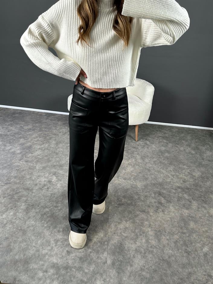 Siyah Ön Cepli Şardonlu Deri Pantolon