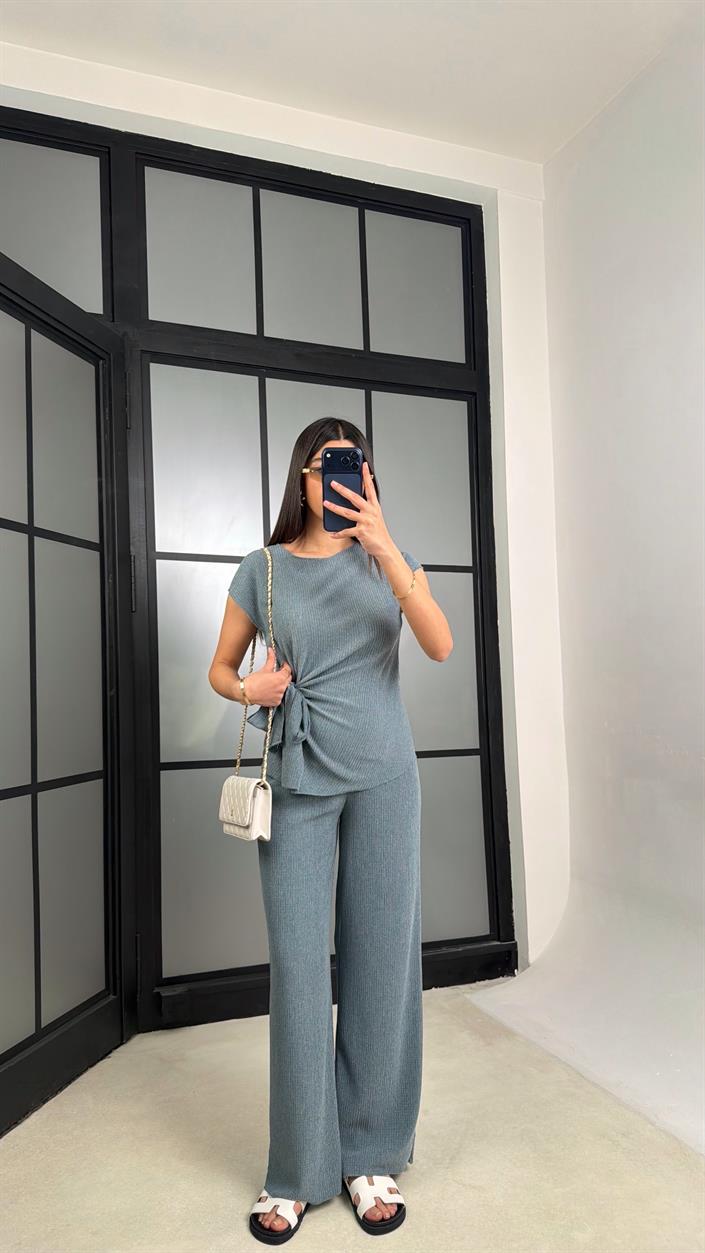 Mavi Bağlama Detaylı Bluz Beli Lastikli Pantolon Krinkıl Kumaş Takım GAUS-01308