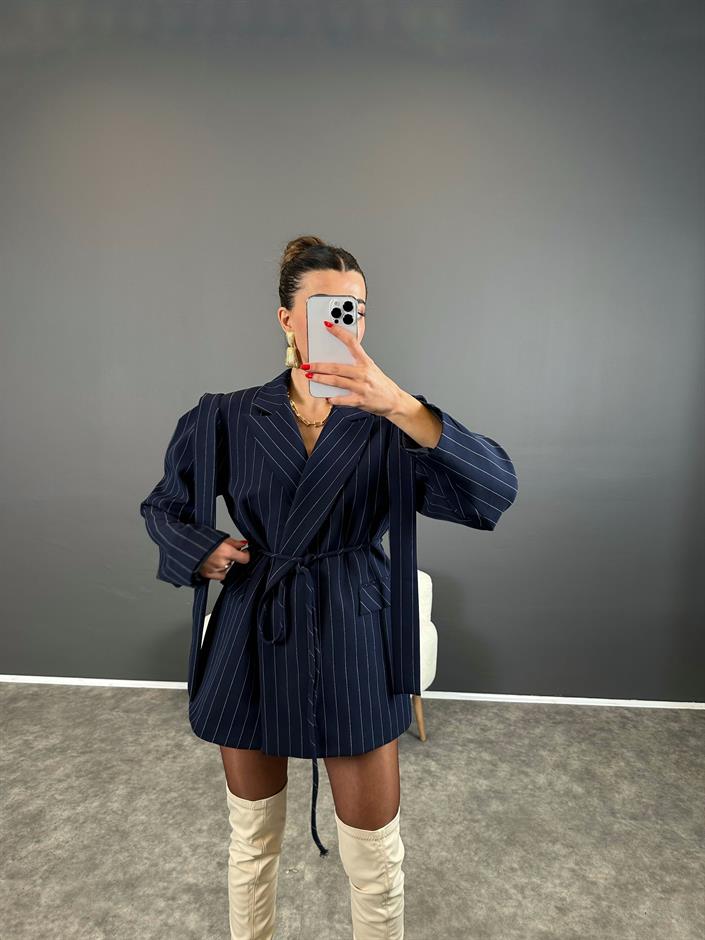 Anis Premium Lacivert Çizgili Bağlamalı Astarlı Blazer Ceket