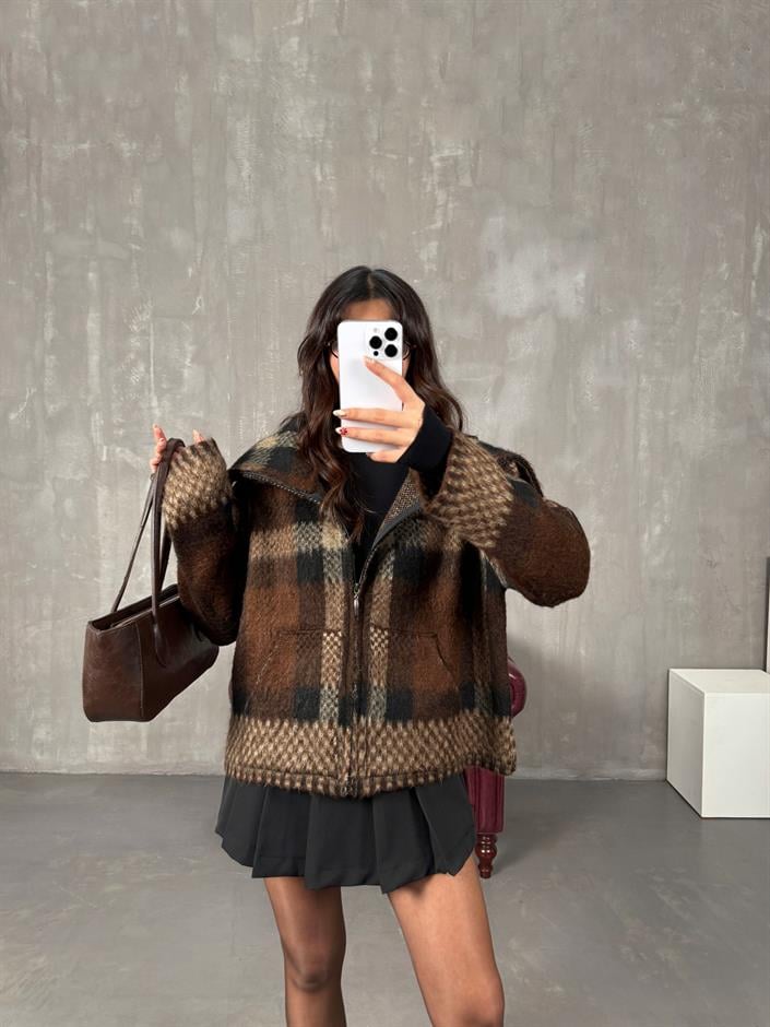 Elena Kahve Ekoseli Fermuarlı Premium Örme Hırka Ceket