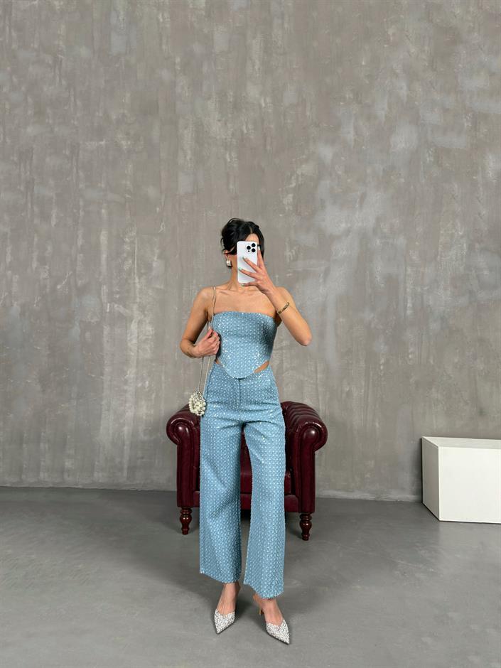 Mavi Pullu Parlak Korseli Denim Takım Gaus00241
