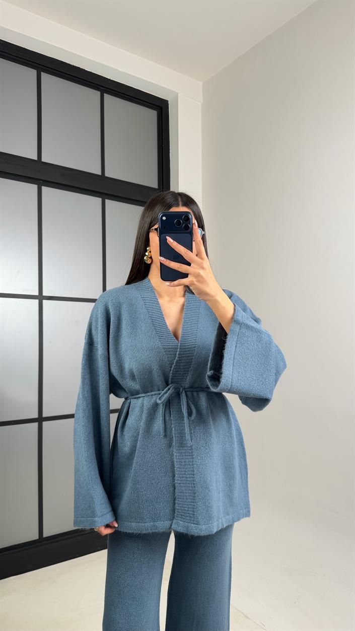 Mavi Kuşaklı Hırka Beli Lastikli Pantolon Triko Takım GAUS-00848