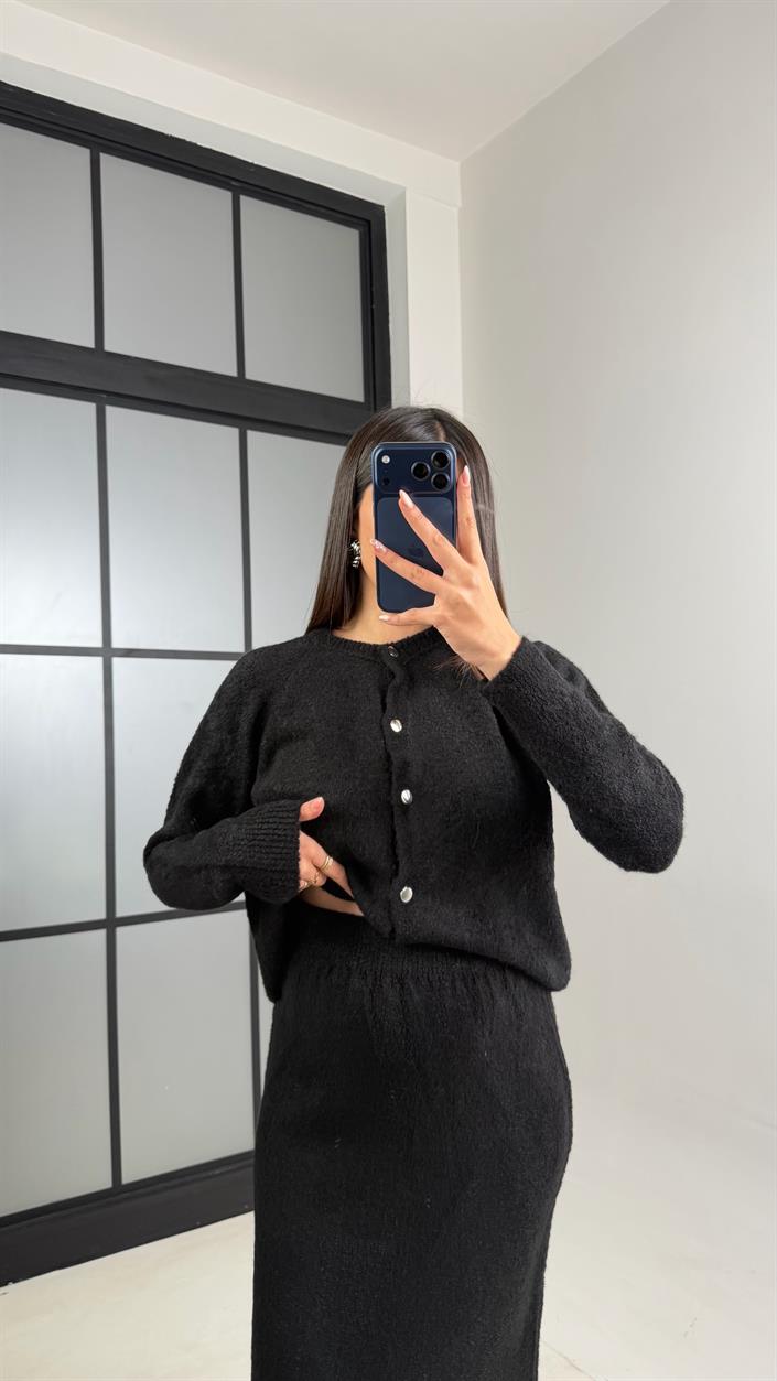 Siyah Hırka Beli Lastikli Etek Triko takım GAUS-00853