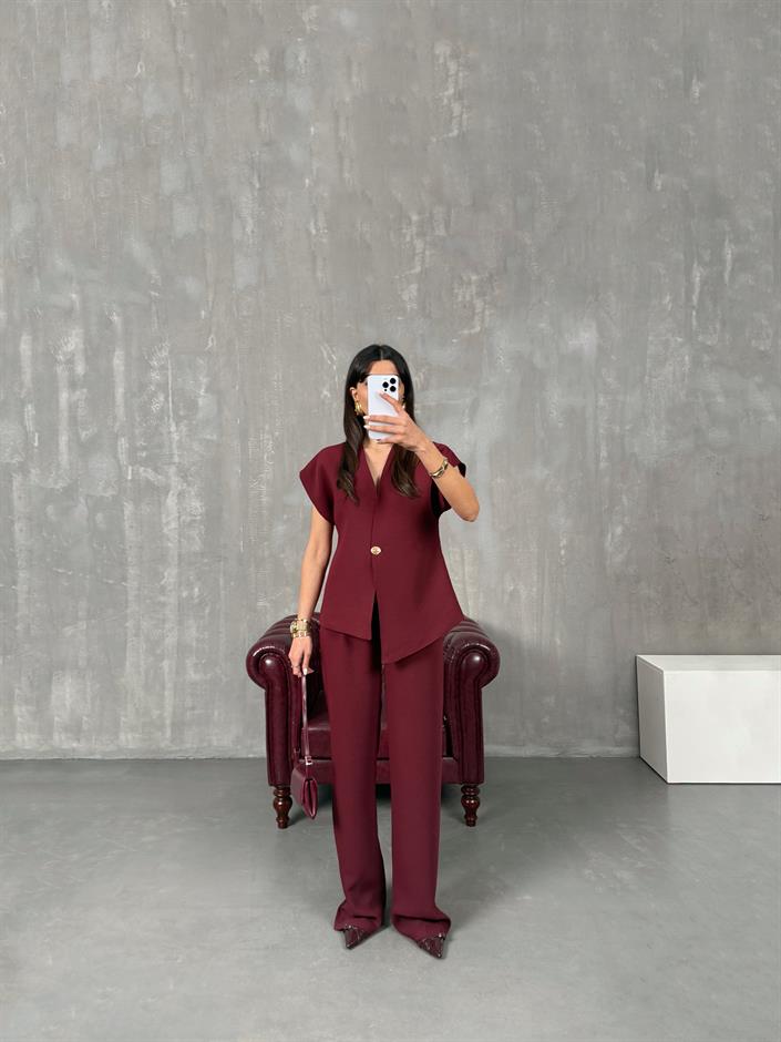 Jasmin Bordo Premium Asimetrik Yelekli Takım