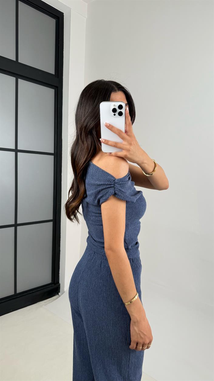Mavi Asimetrik Bluz Beli Lastikli Pantolon Bürümcük Takım Gaus00532