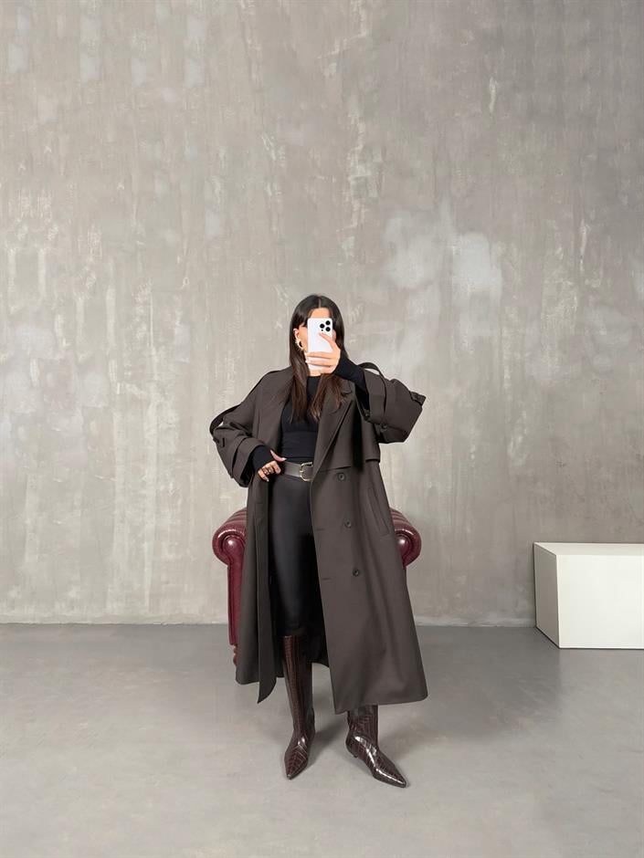 Elsa Acı Kahve Kuşaklı Poliviskon Astarlı Tasarım Premium Trençkot