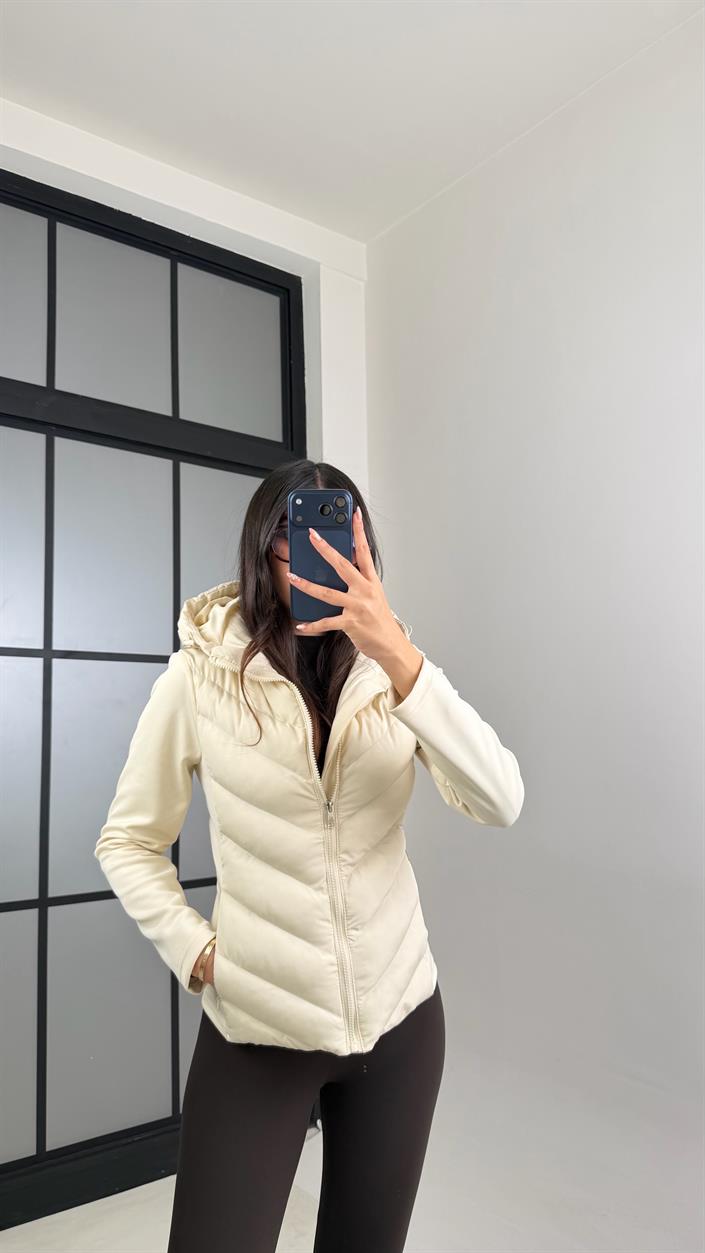 Ekru Kapüşonlu ZR Muadil Şişme Mont GAUS-00880