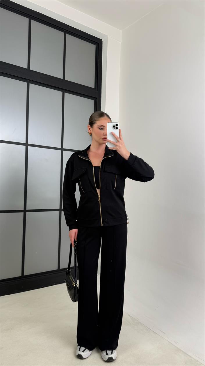 Siyah Cep Detaylı Hırka Beli Lastikli Pantolon Modal Takım GAUS-00620