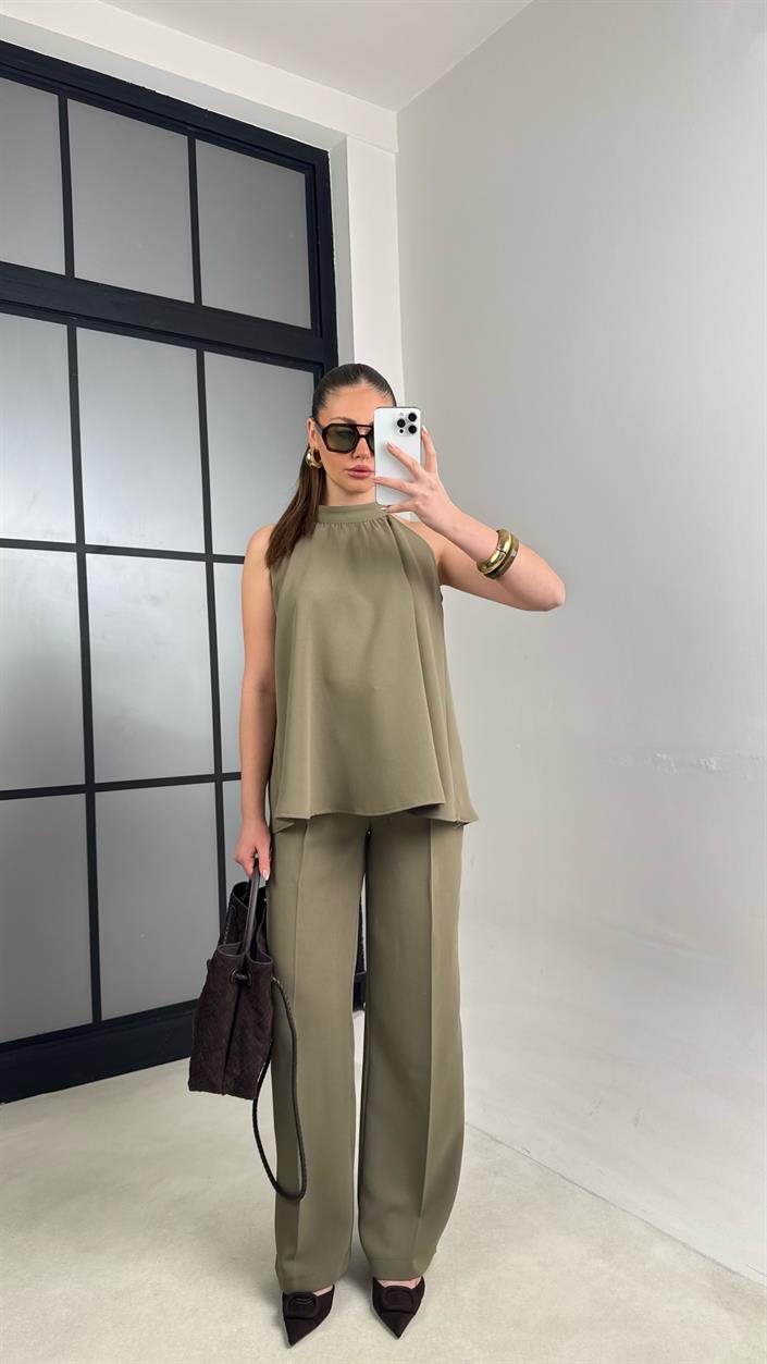 Haki Sıfır Kol Bluz Beli Lastikli Pantolon İkili Premium Takım GAUS-00984