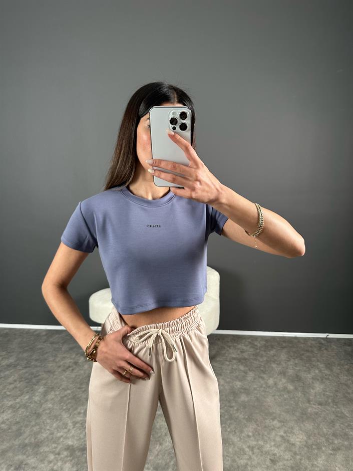 Oysh İndigo Mavi Modal Kumaş Baskılı Tshirt