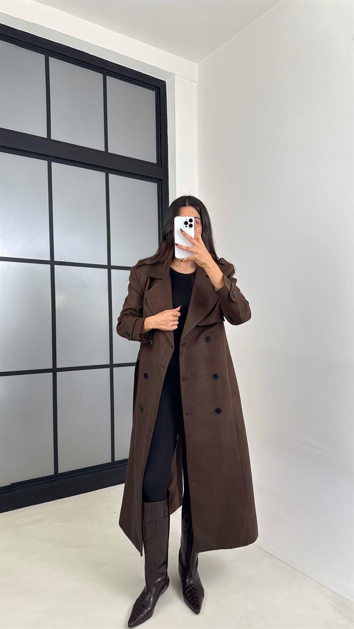 Acı Kahve Astarlı Kuşaklı Süet Trençkot GAUS-00228