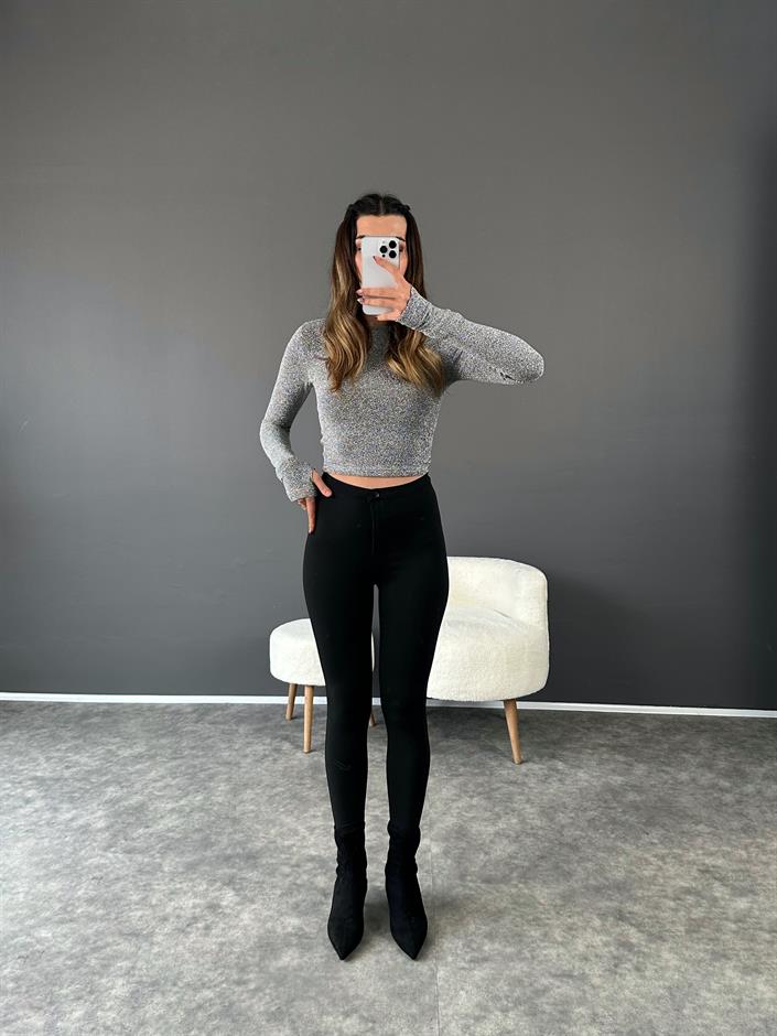 Siyah Yüksel Bel Düğmeli Tayt 