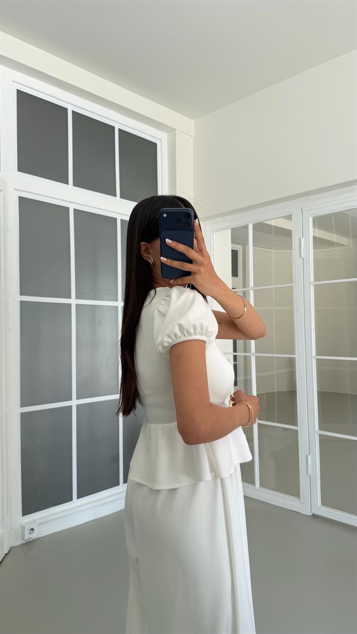 Ekru Gold Düğme Detaylı Peplum Bluz Beli Lastikli Şalvar Pantolon İkili Modal Takım GAUS-01673