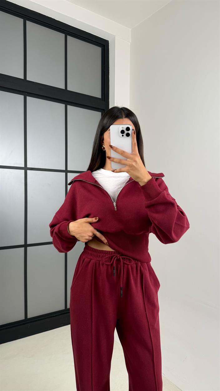 Bordo Selanik Tshirtlü 3Lü Örme Takım GAUS-00154