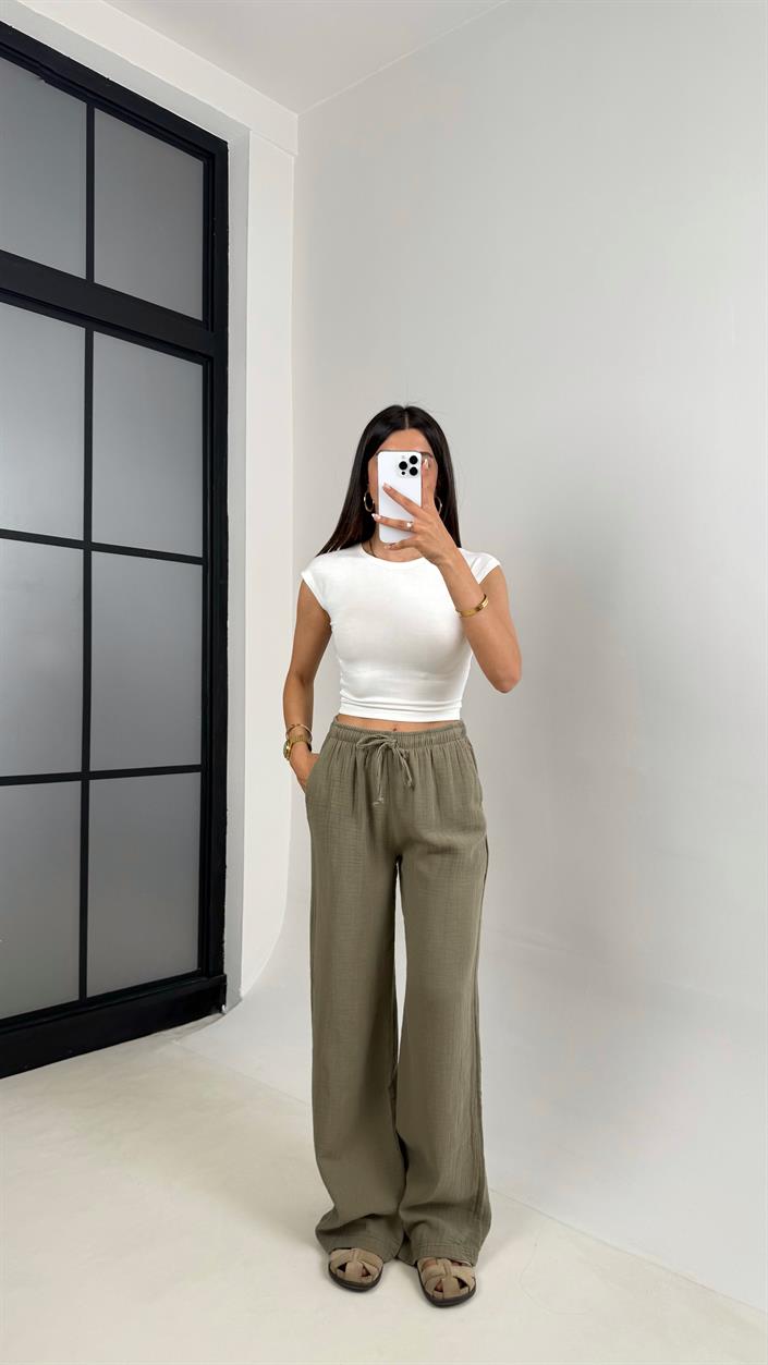 Haki Beli Lastikli Müslin Pantolon Gaus00586