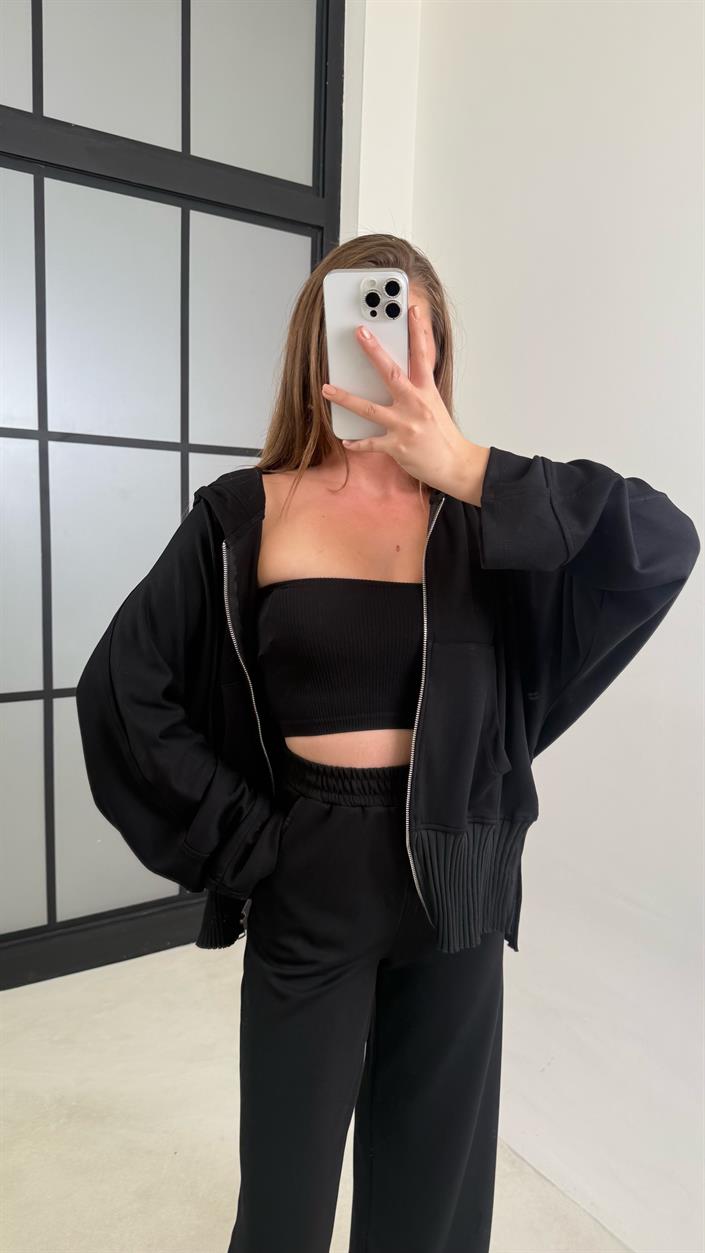 Siyah Ribanalı Kapüşonlu Hırka Beli Lastikli Pantolon Modal Takım GAUS-00697