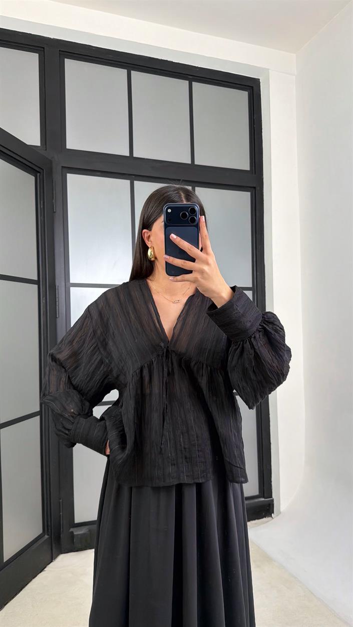 Siyah Balon Kol Transparan Gömlek GAUS-01201