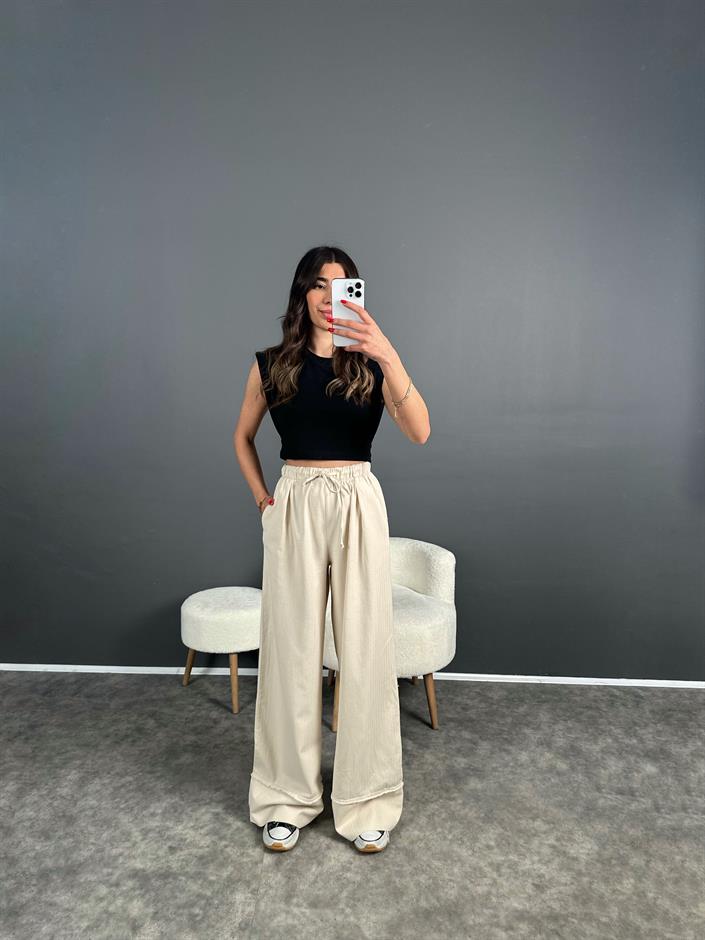 Bol Paça Detaylı Gabardin Beli Lastikli Pantolon 