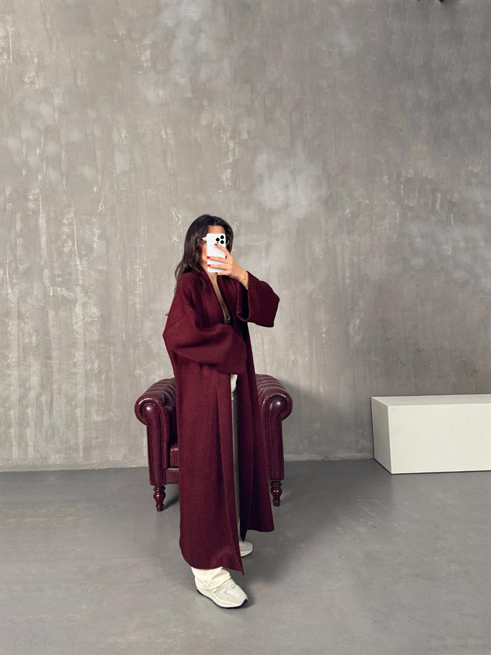 Nivera Bordo Oversize Premium Uzun Hırka