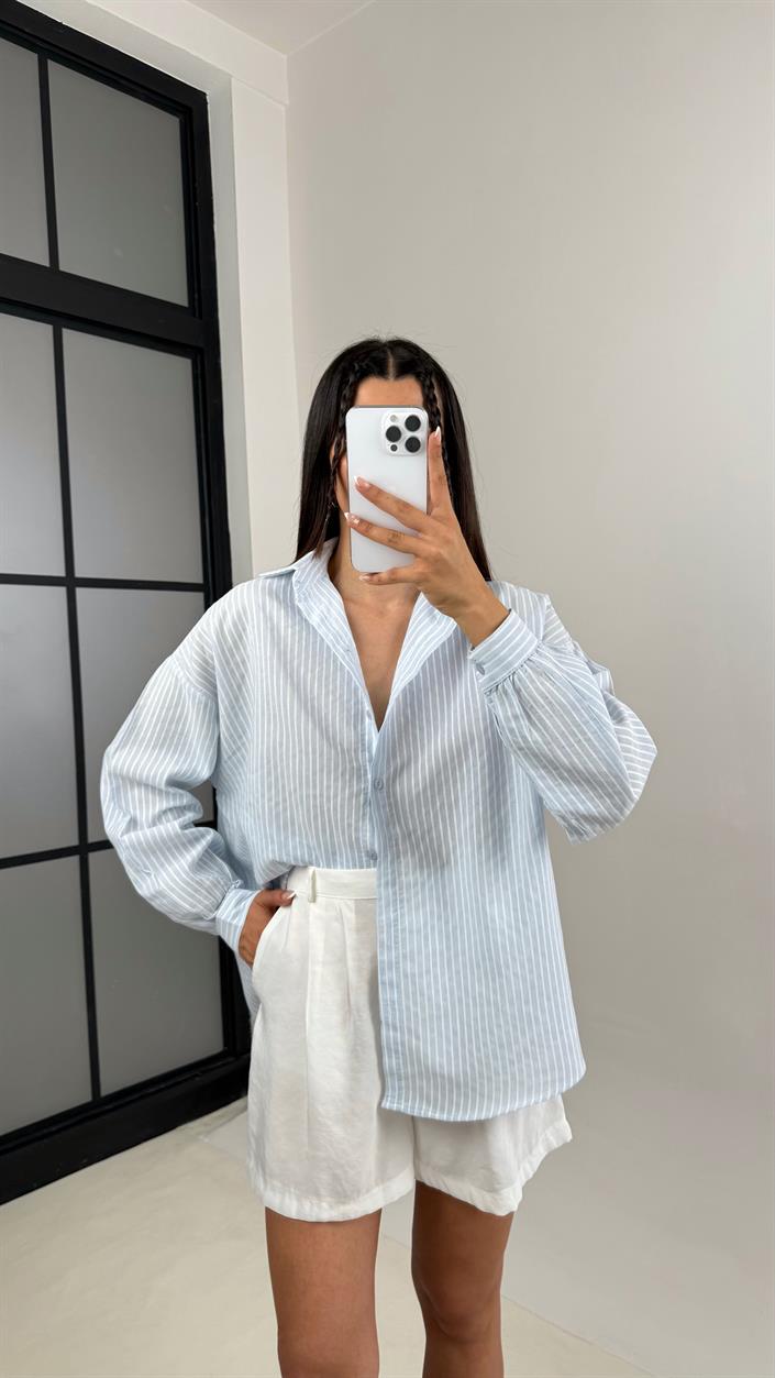 Açık Mavi Beyaz Çizgili Basic Keten Gömlek Gaus00558
