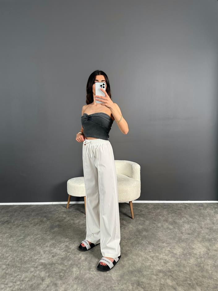 Rusha Beyaz Beli Lastikli Poliviskon Pantolon 