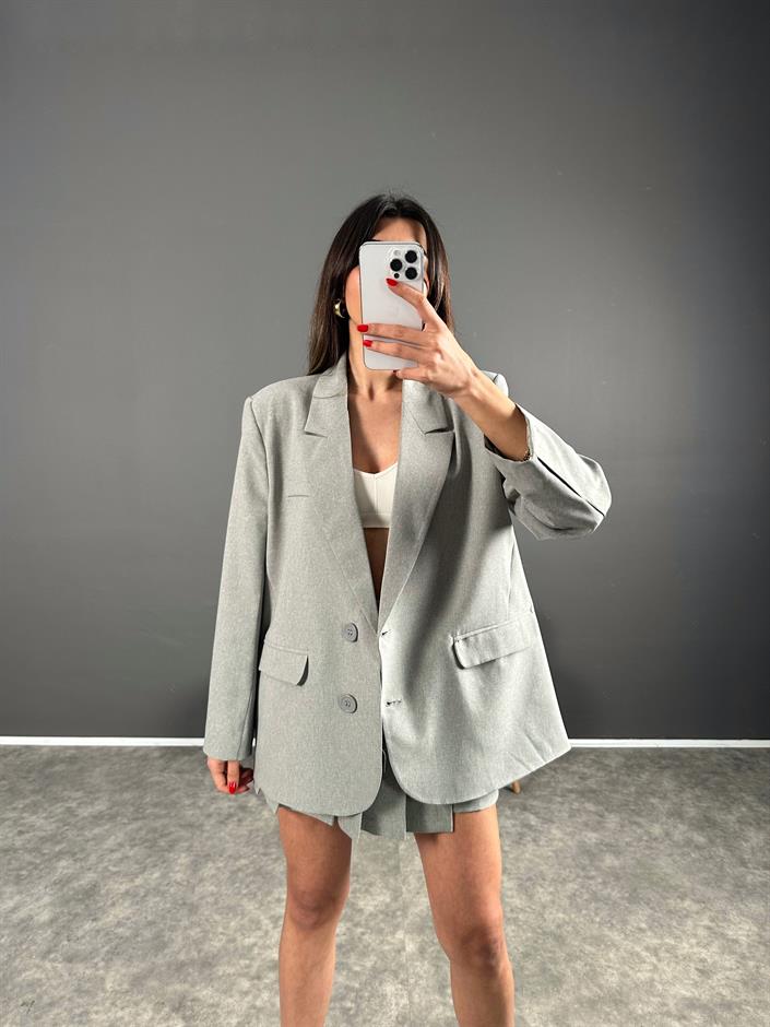 Gri Sırt Baskılı Oversize Blazer Ceket
