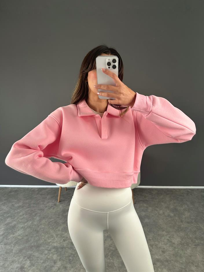 Pembe Polo Yaka Şardonlu Crop Sweatshirt 