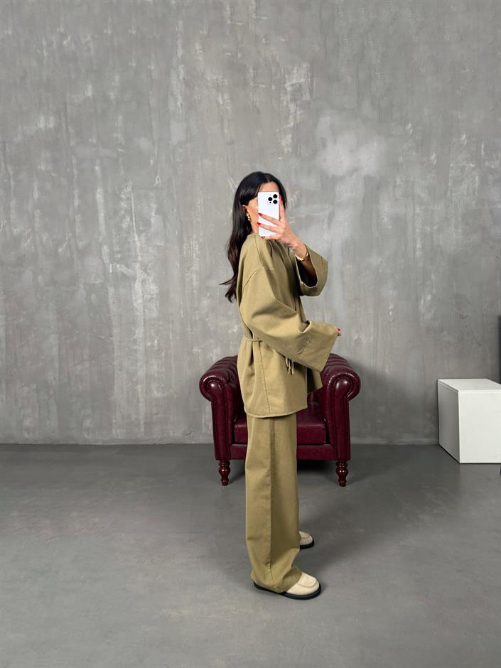 Rozali Yeşil Gabardin Kimono İkili Takım