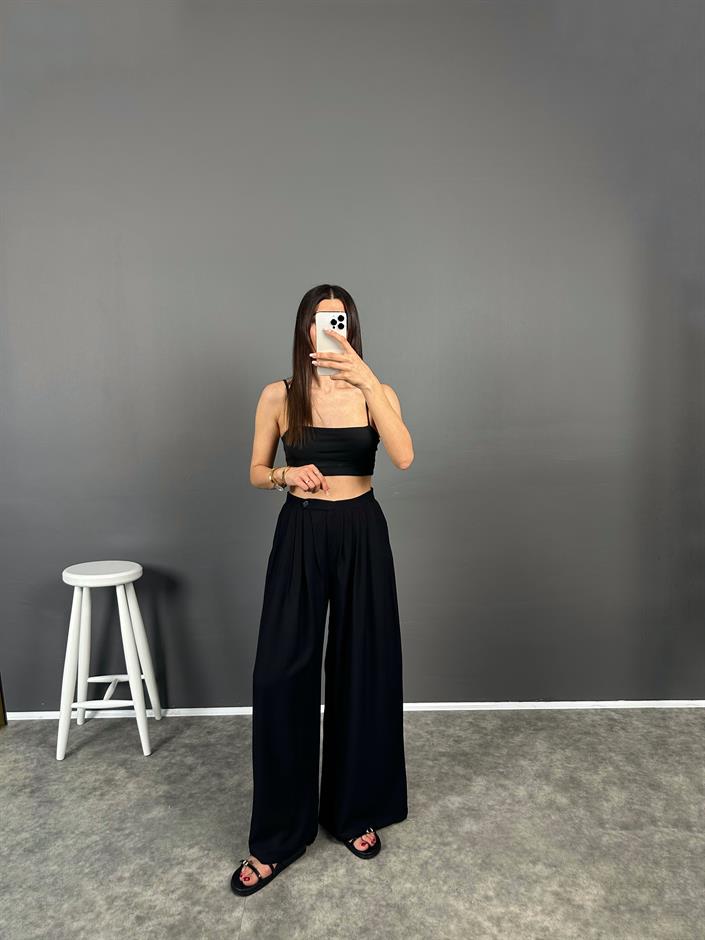 Sesto Siyah Salaş Düğmeli Bol Pantolon