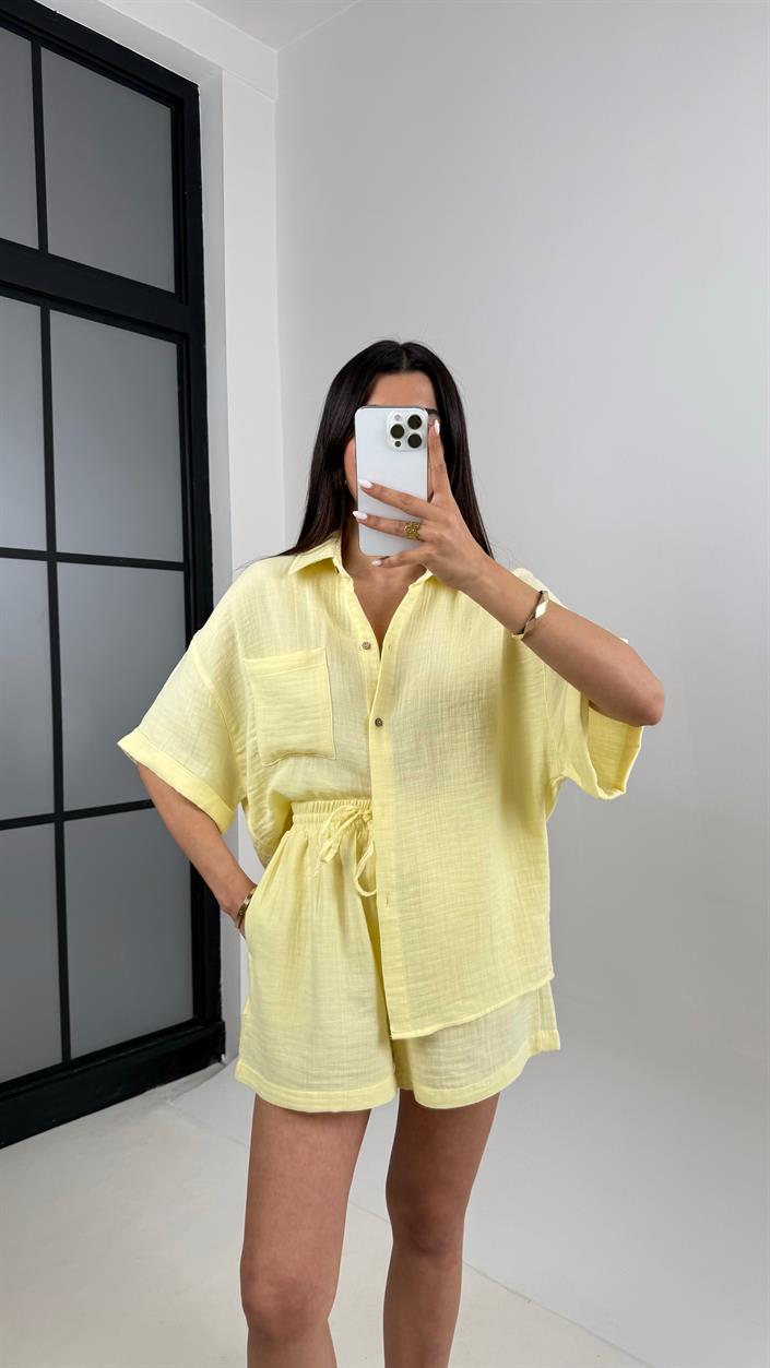 Sarı Cepli Gömlek Beli Lastikli Şort Müslin Takım Gaus00445