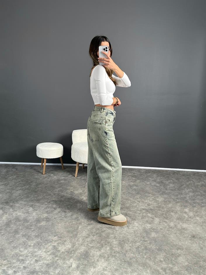 GR Orta Bel Yeşil Eskitme Jean 