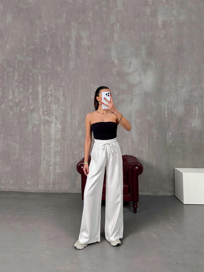 Setra Beyaz Beli Lastikli Tensel Kumaş Pantolon