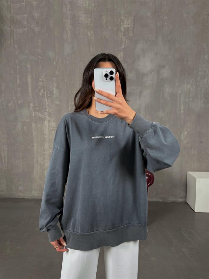 Kate Antrasit Yıkamalı Taşlı Oversize Sweat