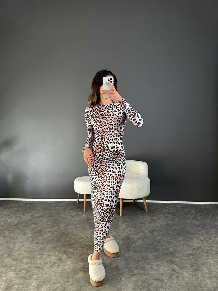 Leoparlı Desenli Maxi Elbise 