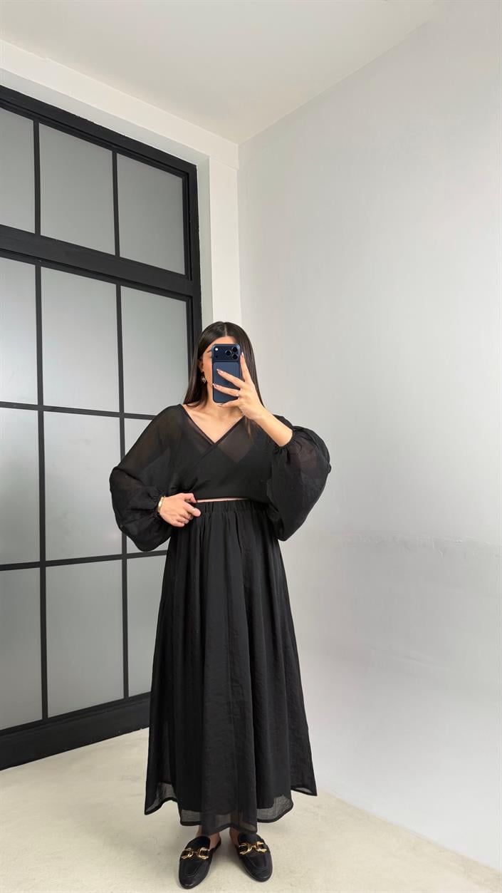 Siyah Transparan Üst Beli Lastikli Astarlı Etek Takım GAUS-01111