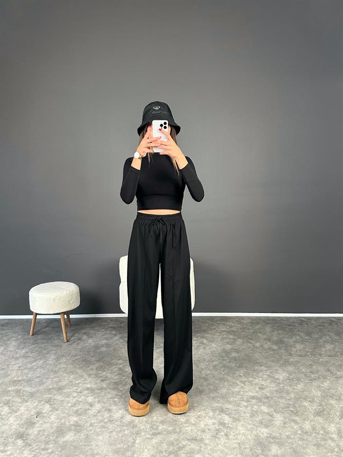 Minaj Siyah Beli Lastikli Çımalı Pantolon 