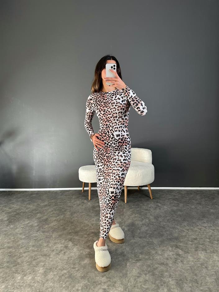 Leoparlı Desenli Maxi Elbise 