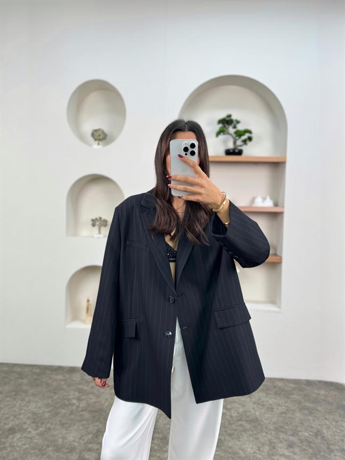 Anna Lacivert Çizgili Astarlı Blazer Ceket