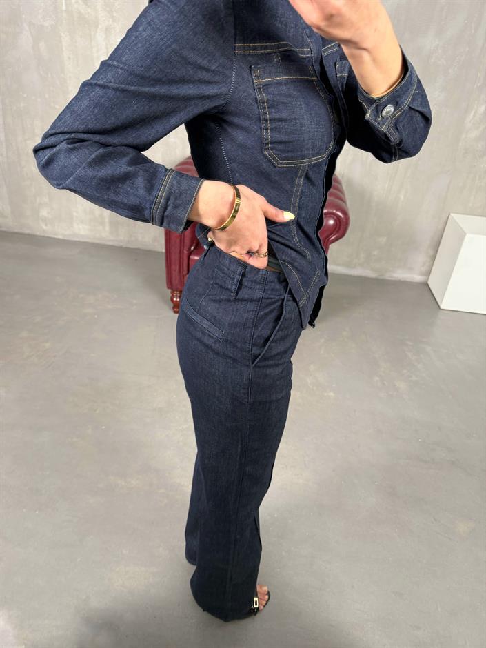 Lacivert Belden Oturtmalı Ceket Pantolon Denim Takım Gaus00084