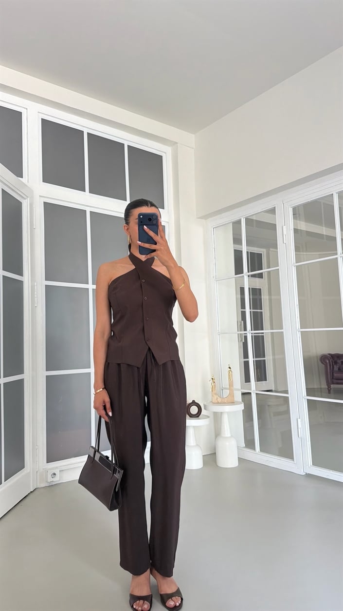 Acı Kahve Halter Yaka Yelek Beli Lastikli Pantolon Muadil Takım GAUS-01770