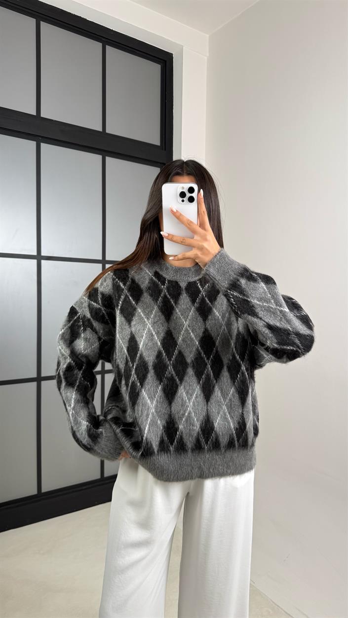 Antrasit Baklava Desenli Yumuşak Dokulu Vintage Kazak GAUS-00558